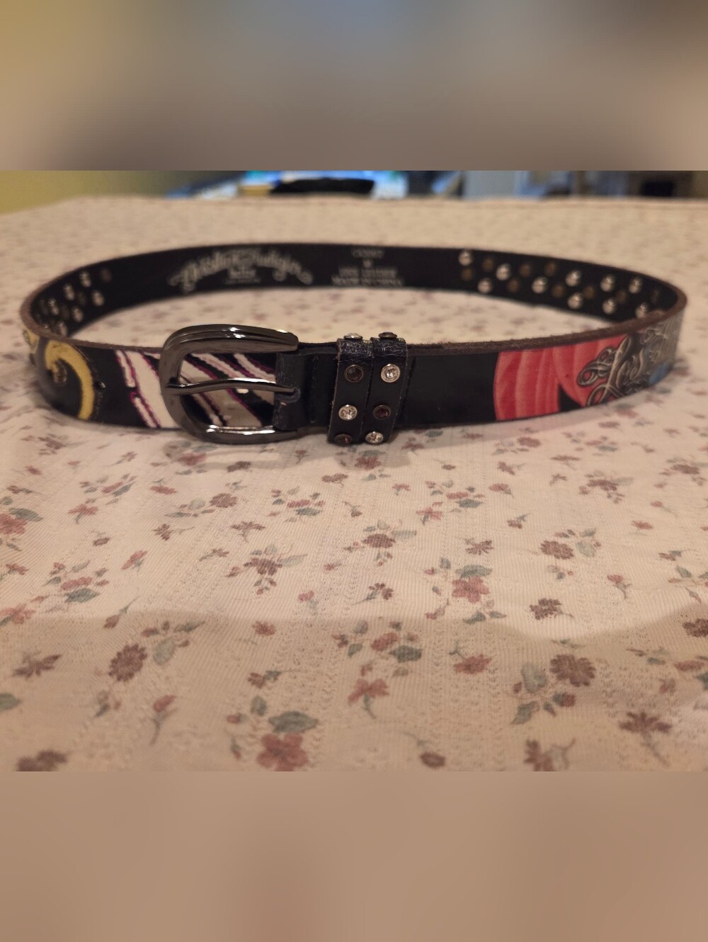 Christian Audigier Black Belt with Multicolor Floral Graphics and Silver Buckle